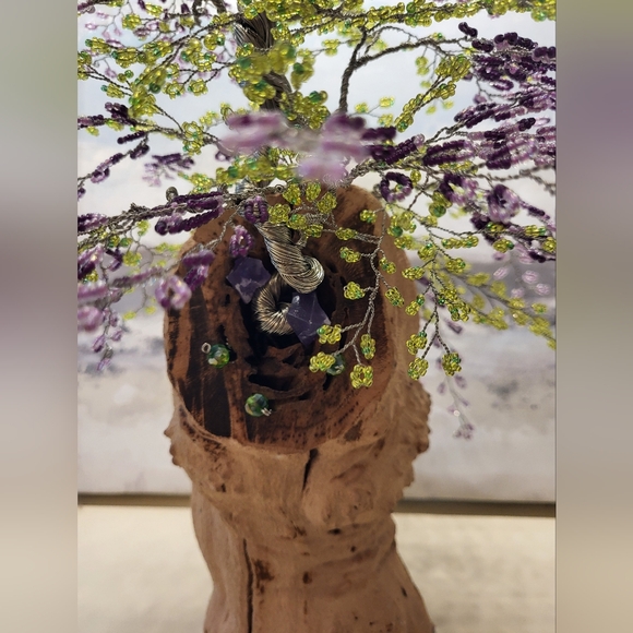 Beaded Bonsai Wire Tree, Pink, Purple, Green Wisteria on Driftwood - Picture 14 of 16